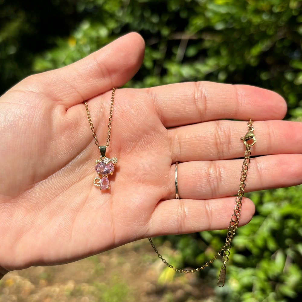 18K Gold Plated Stainless Steel Pink Diamond Cat Necklace